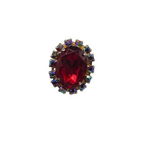 Purple Aurora Borealis Rhinestone Red Glass Ring Size 5 Gold Tone Vintage
